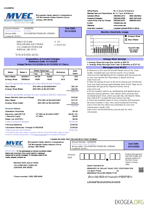 Modèle de facture de services publics de la Minnesota Valley Electric Cooperative (MVEC) aux formats Word et PDF